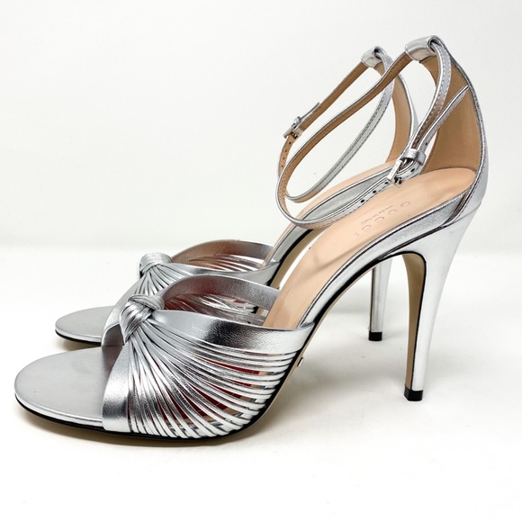 GUCCI Crawford Knotted Leather Silver Metallic Strap Heel Sandals - Picture 3 of 11
